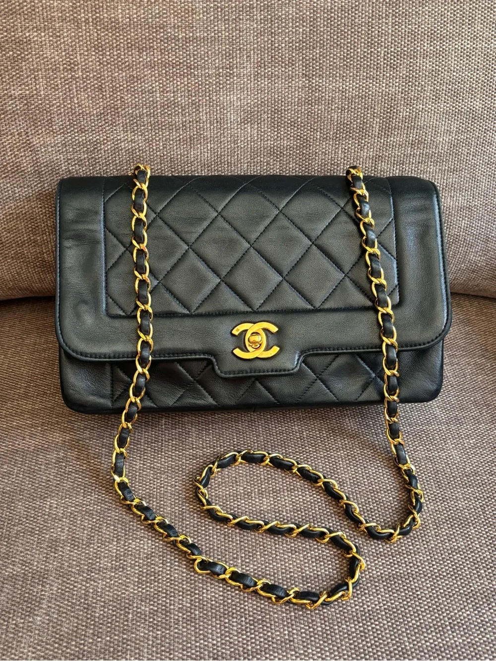 Authentic CHANEL Rare 24k gold black lambskin leather Diana bag